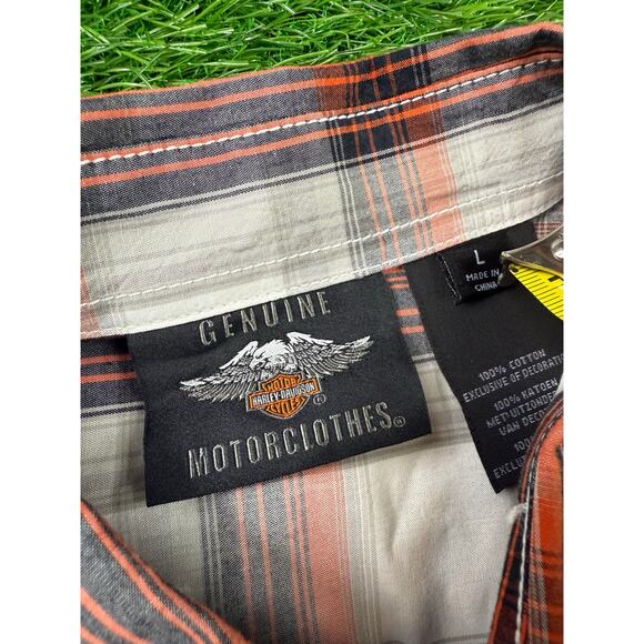 Harley Davidson Button Up Shirt L Plaid Orange Gray Short Sleeve Motorclothes - Picture 5 of 10